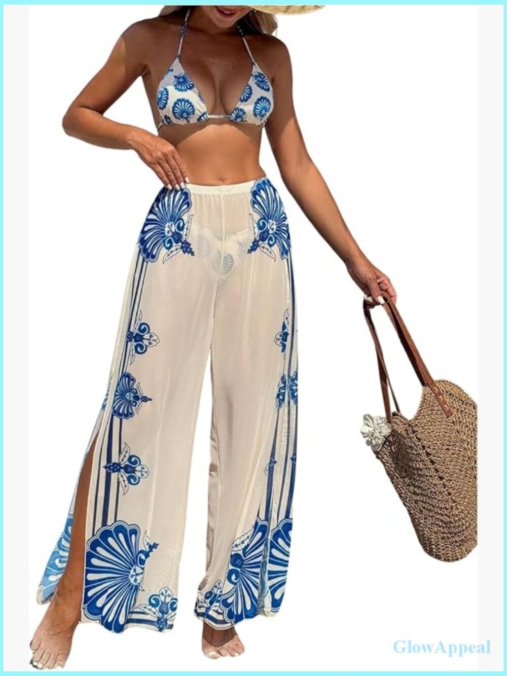 3 Piece Bikini Set with Mesh Cover Up Pants Triangle Halter String